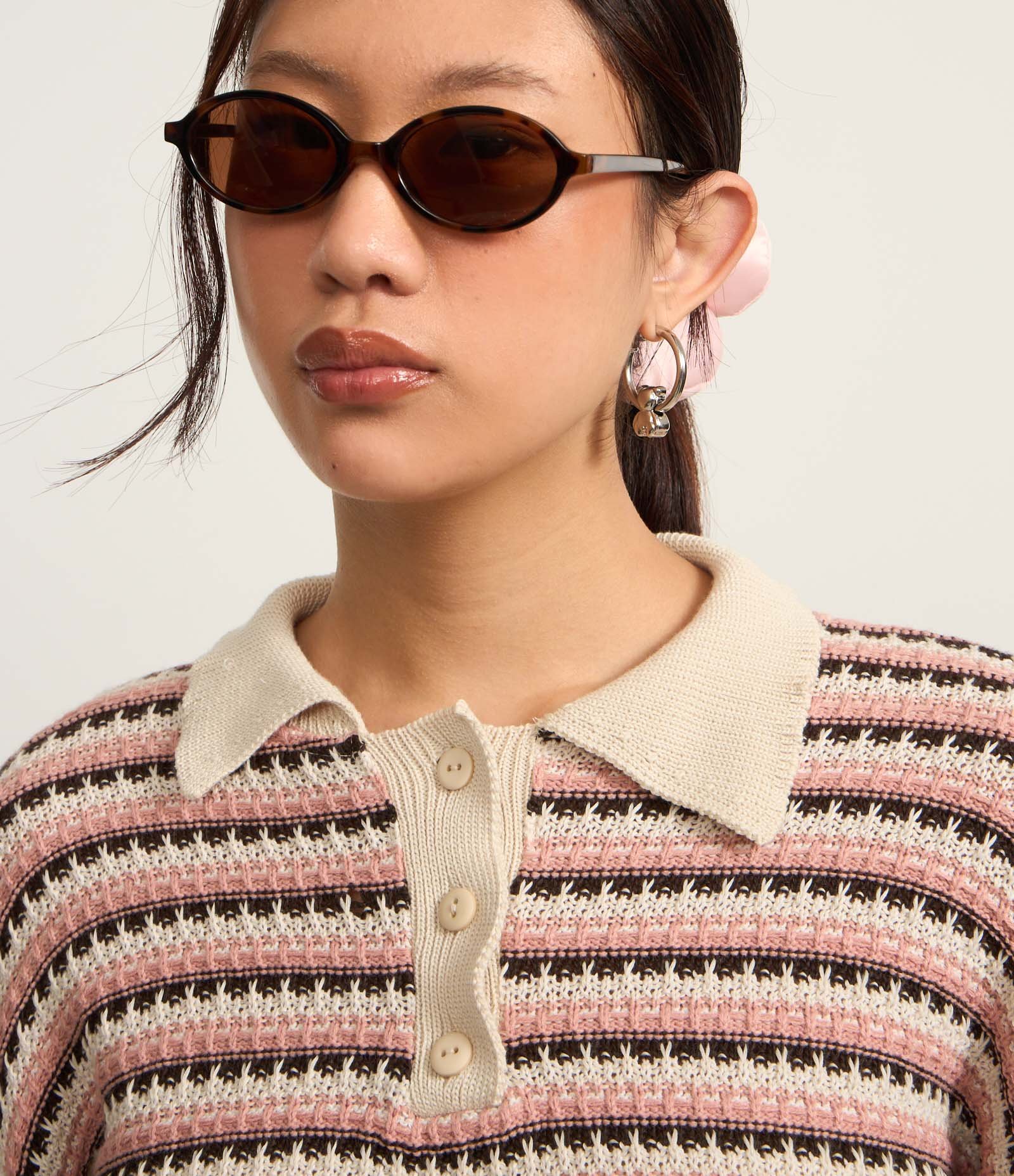 Blusa em Tricô Texturizado com Listras e Botões Rosa 4