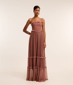 Vestido Longo em Tule com Babadinhos no Decote e Saia