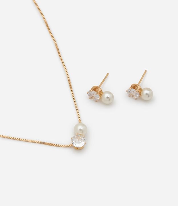 Conjunto de Colar e Brinco em Metal com Zircônia e Pérolas