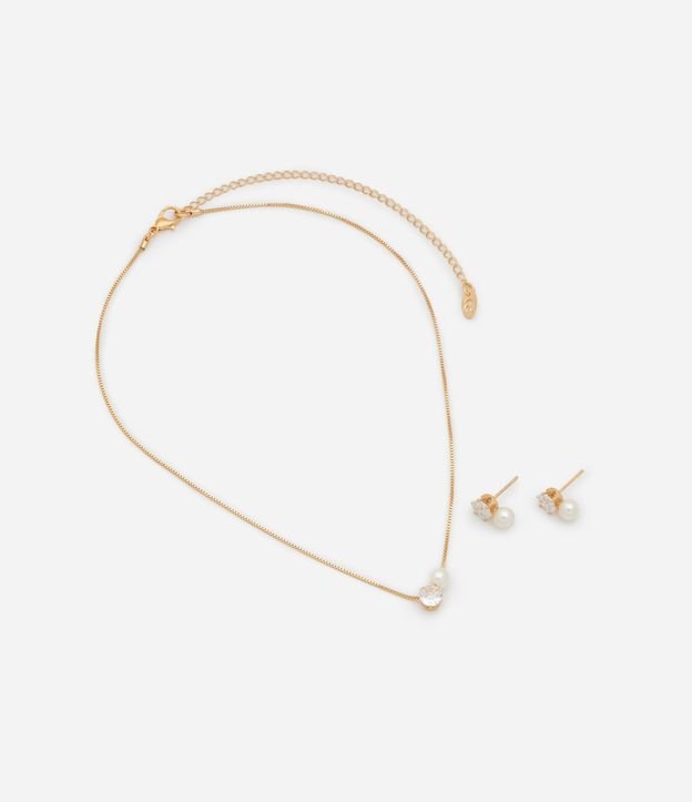 Conjunto de Colar e Brinco em Metal com Zircônia e Pérolas