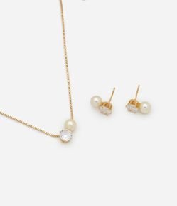 Conjunto de Colar e Brinco em Metal com Zircônia e Pérolas