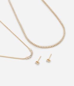 Conjunto de Colar Camadas e Brinco com Detalhes de Zircônia