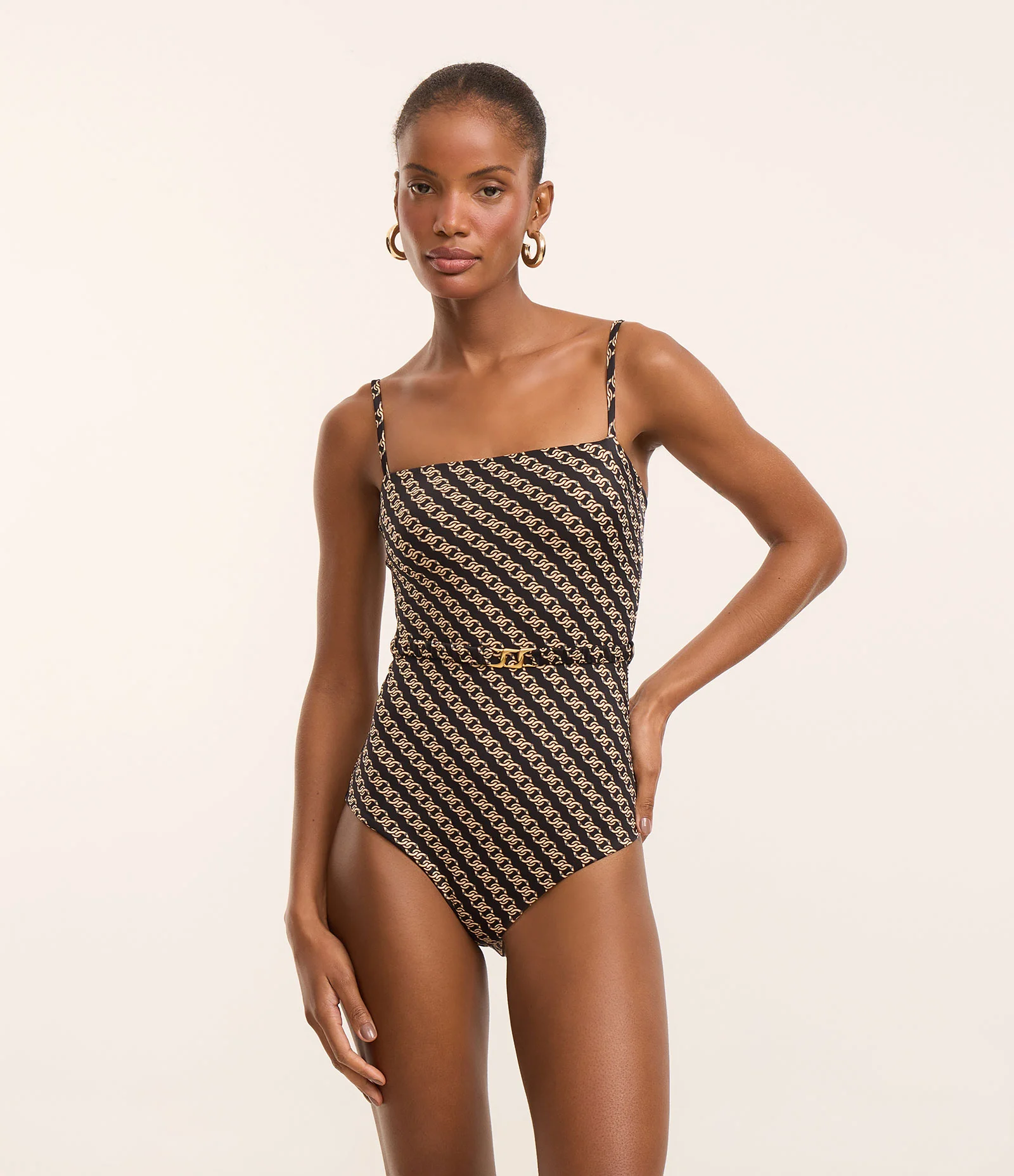 Maiô Reto em Microfibra com Estampa de Correntes e Cinto Preto 1