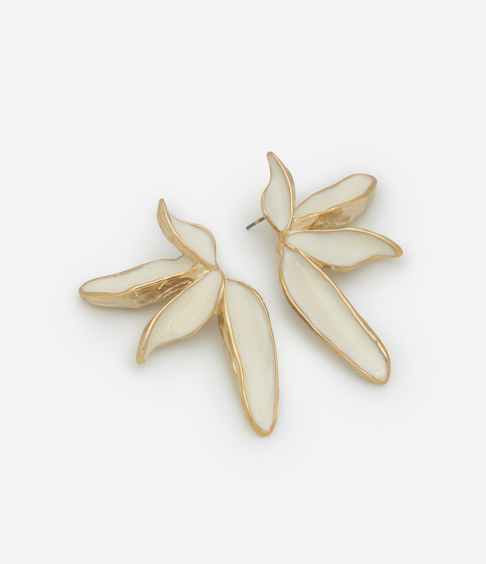 Brinco Médio em Resina com Formato de Meia Flor Esmaltada Dourado/Off White 1