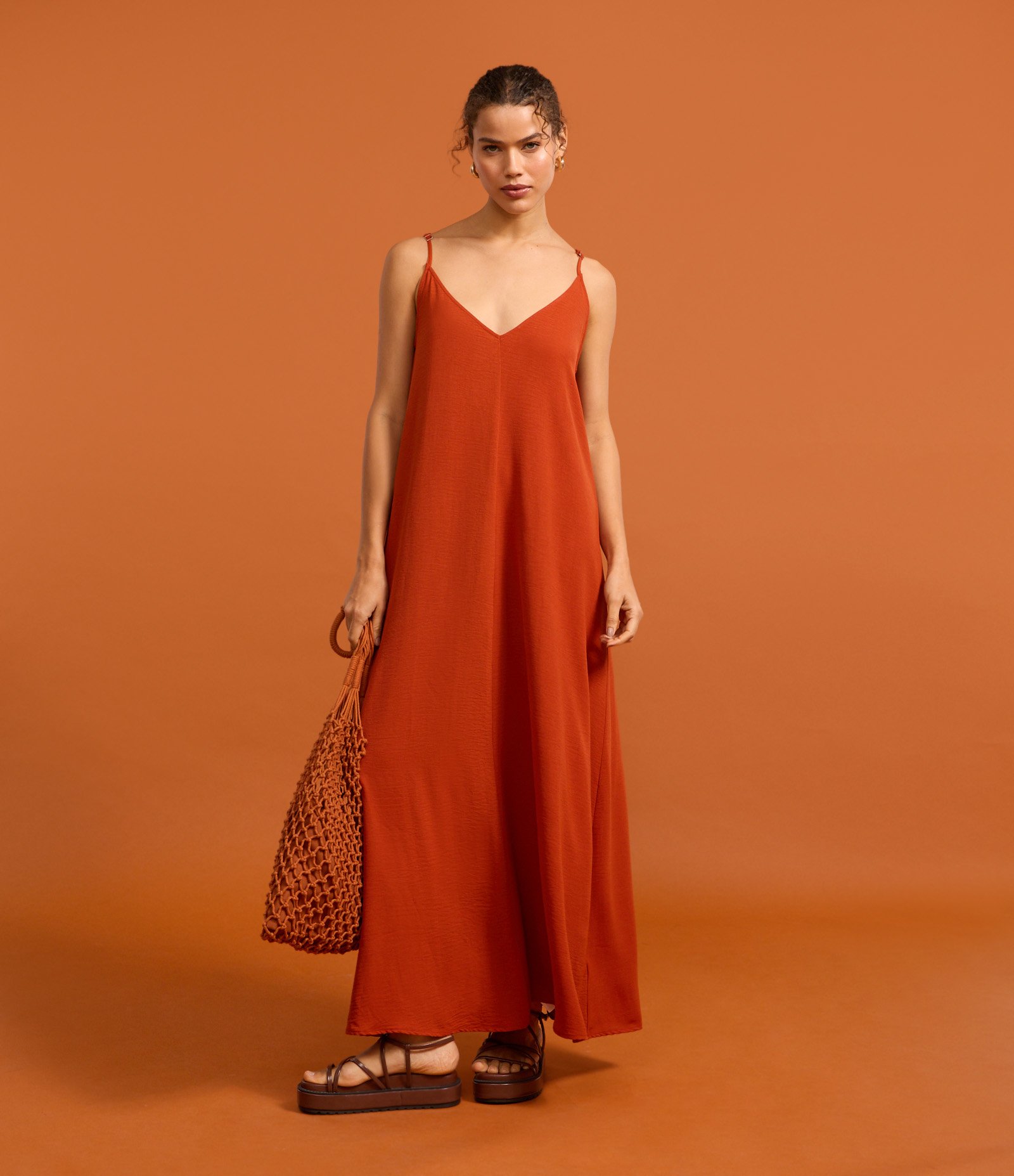 Vestido Long Midi em Crepe com Alcinhas Laranja 4