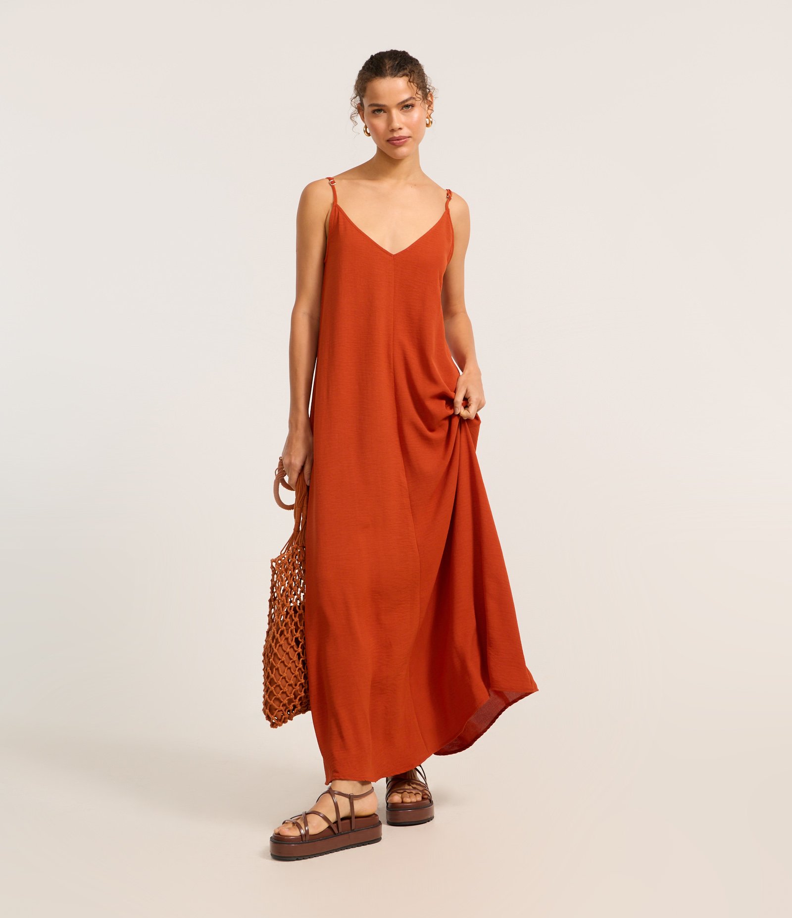 Vestido Long Midi em Crepe com Alcinhas Laranja 1