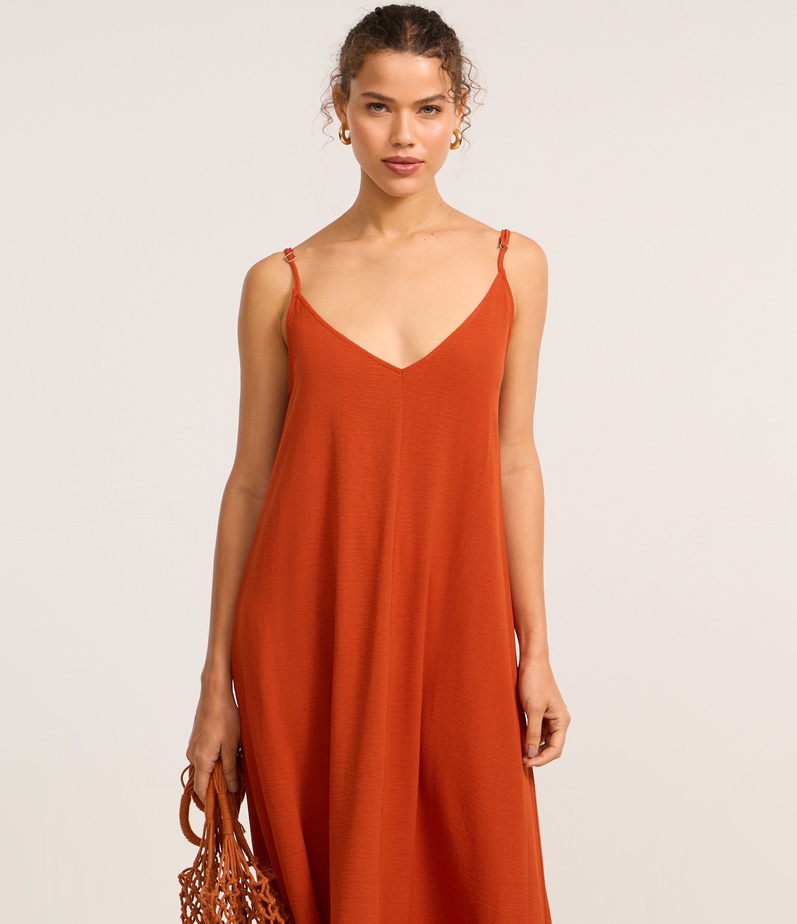 Vestido Long Midi em Crepe com Alcinhas Laranja 2