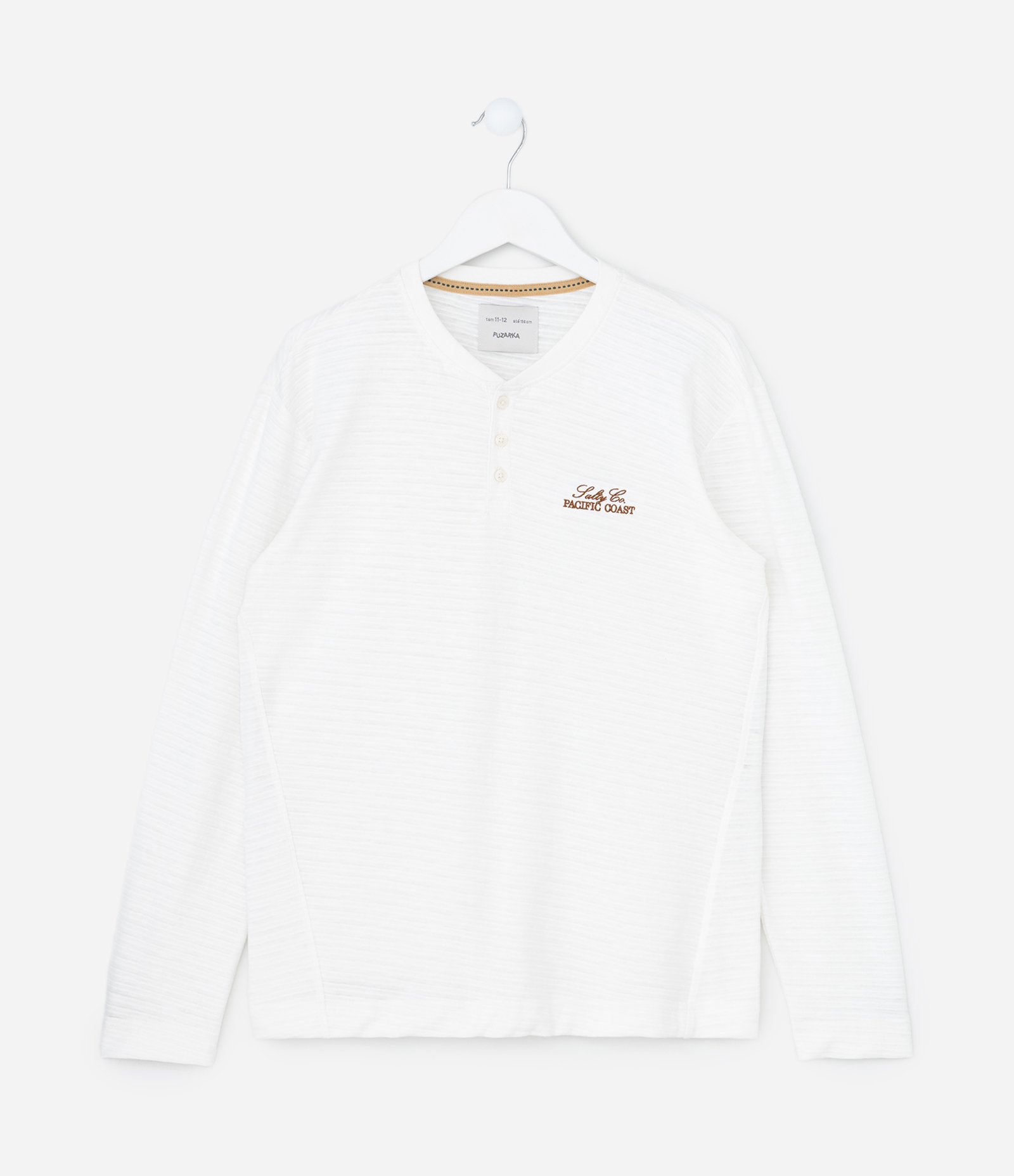 Camiseta Infantil Henley em Algodão com Bordado - Tam 5 A 14 Anos Branco 1
