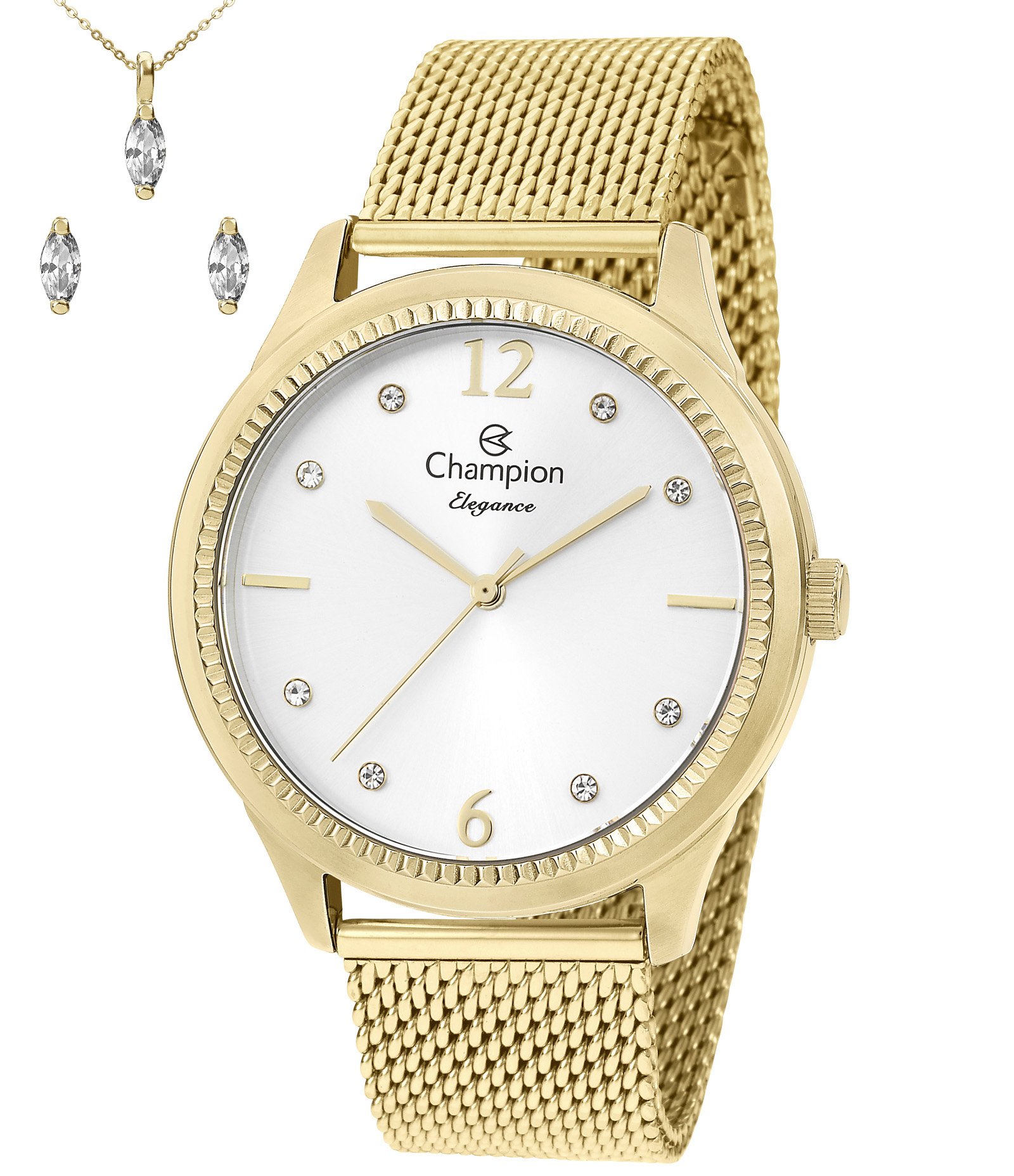 Kit Relógio Analógico Feminino Champion Dourado 3