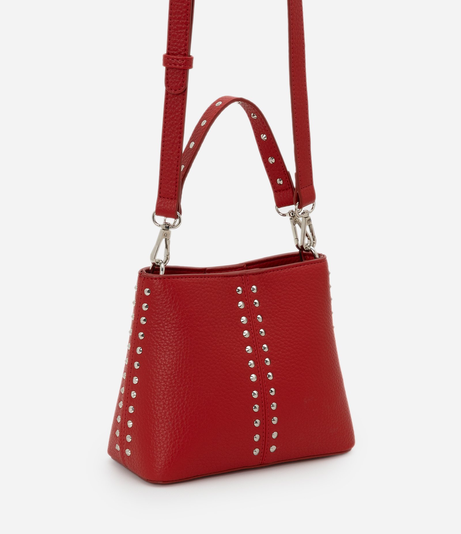 Bolsa Bucket Pequena com Detalhes de Spikes e Metais Vermelho 2