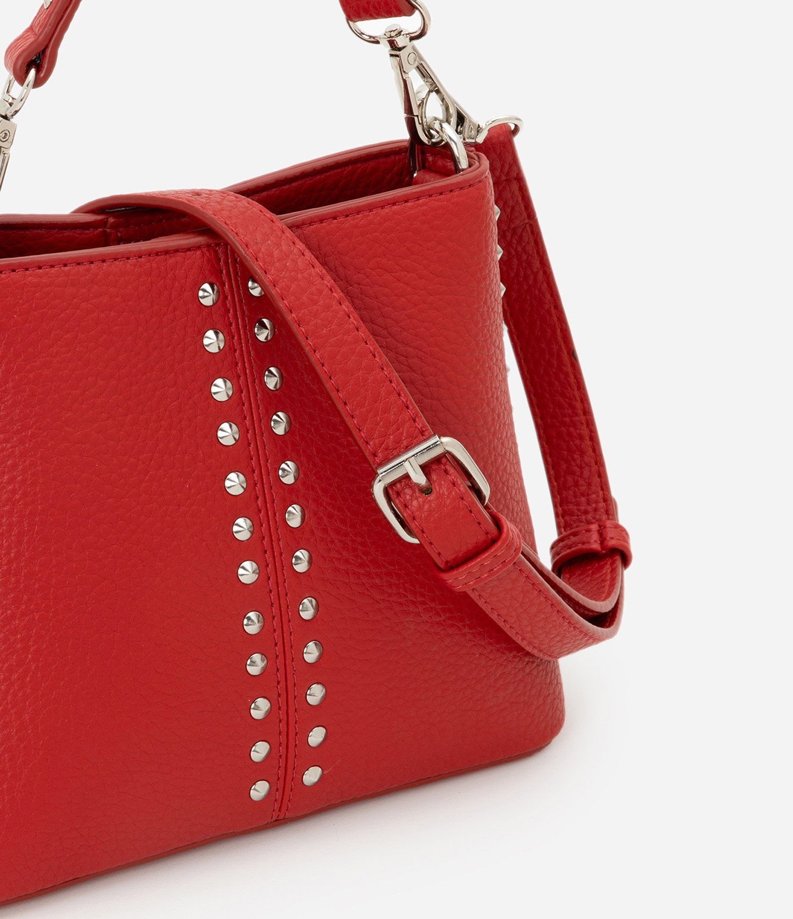 Bolsa Bucket Pequena com Detalhes de Spikes e Metais Vermelho 6