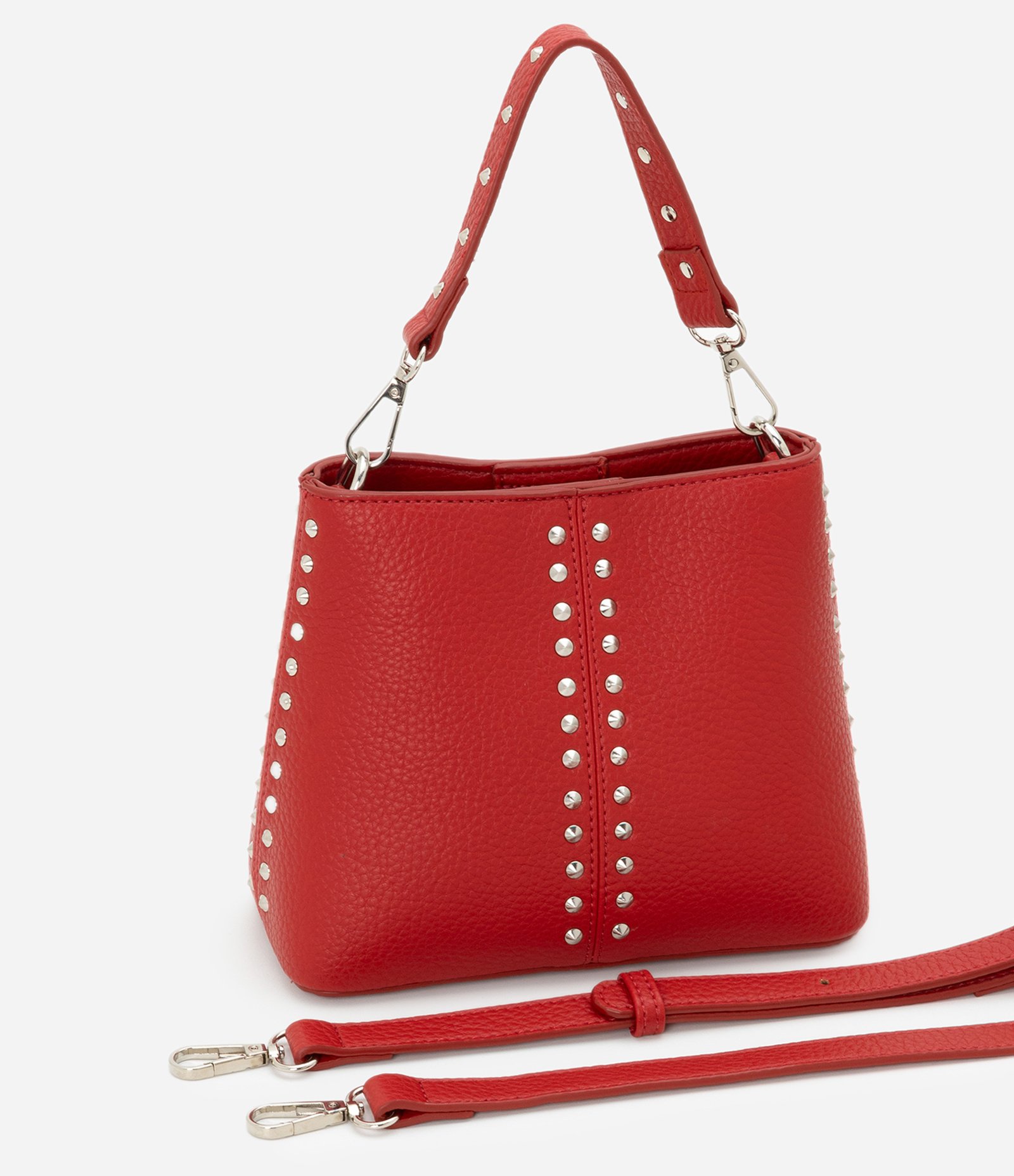 Bolsa Bucket Pequena com Detalhes de Spikes e Metais Vermelho 8