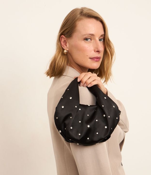 Bolsa Mini Hobo com Alça Corrente Transversal e Strass