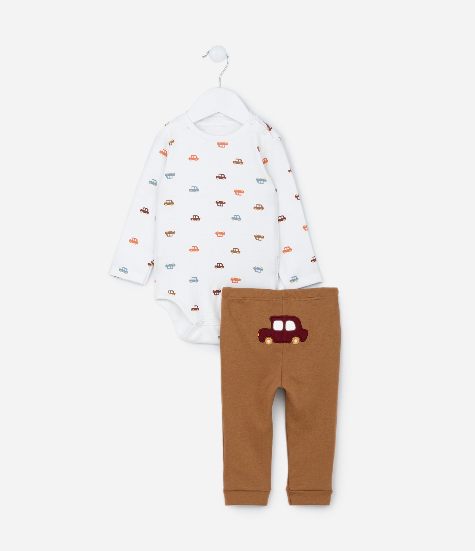 Conjunto Infantil com Estampa Carrinhos - Tam RN a 18 meses Branco/Marrom 1