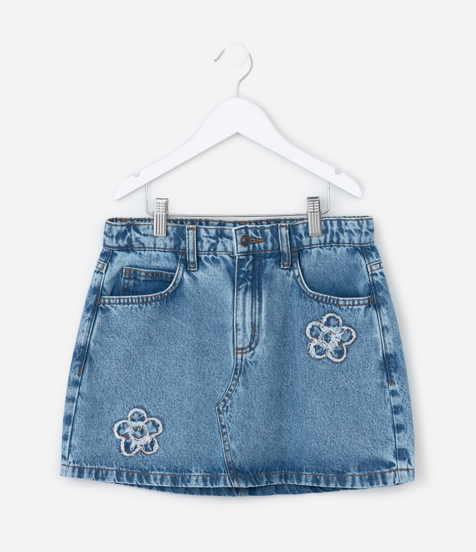 Saia Infantil em Jeans com Bordado de Flores - Tam 5 a 14 Anos Azul 1