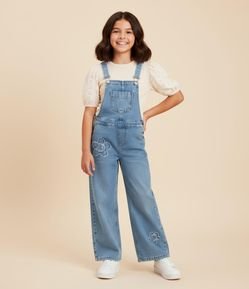 Macacão Infantil Jeans com Bordado Flores - Tam 5 a 14 Anos