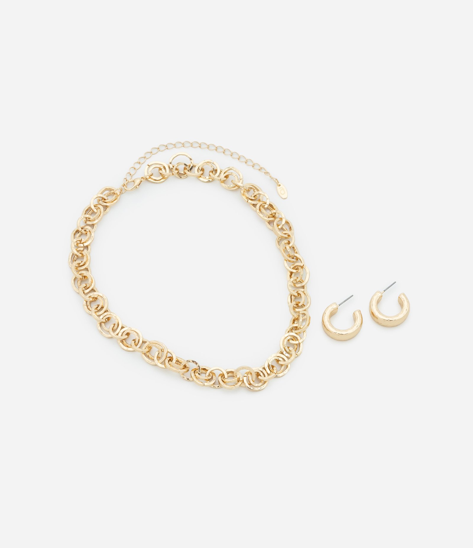 Conjunto de Colar Curto em Elos com Brinco Argola Bold Martelada Dourado 2