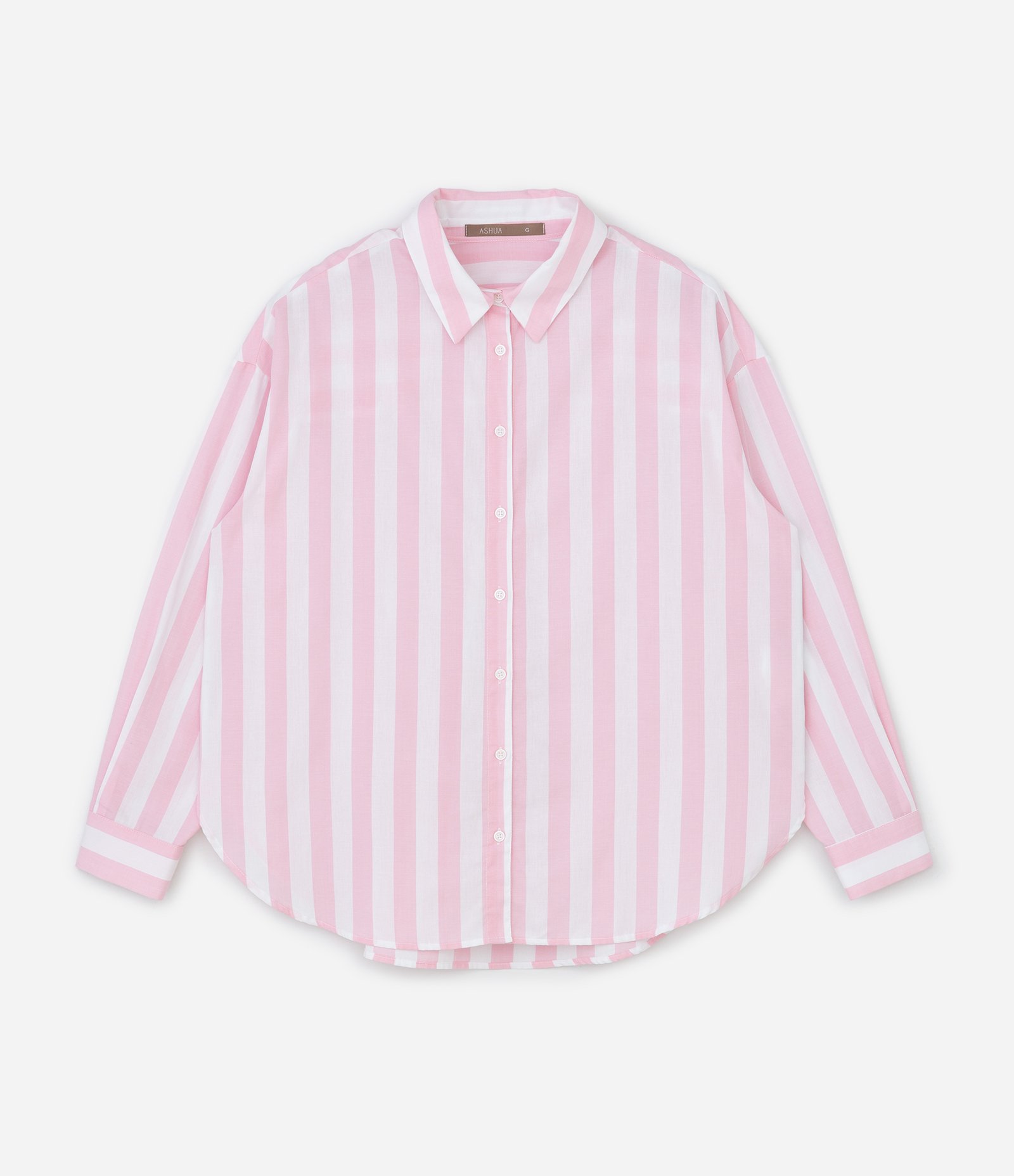 Camisa em Tricoline com Listras Curve & Plus Size Branco/Rosa 4