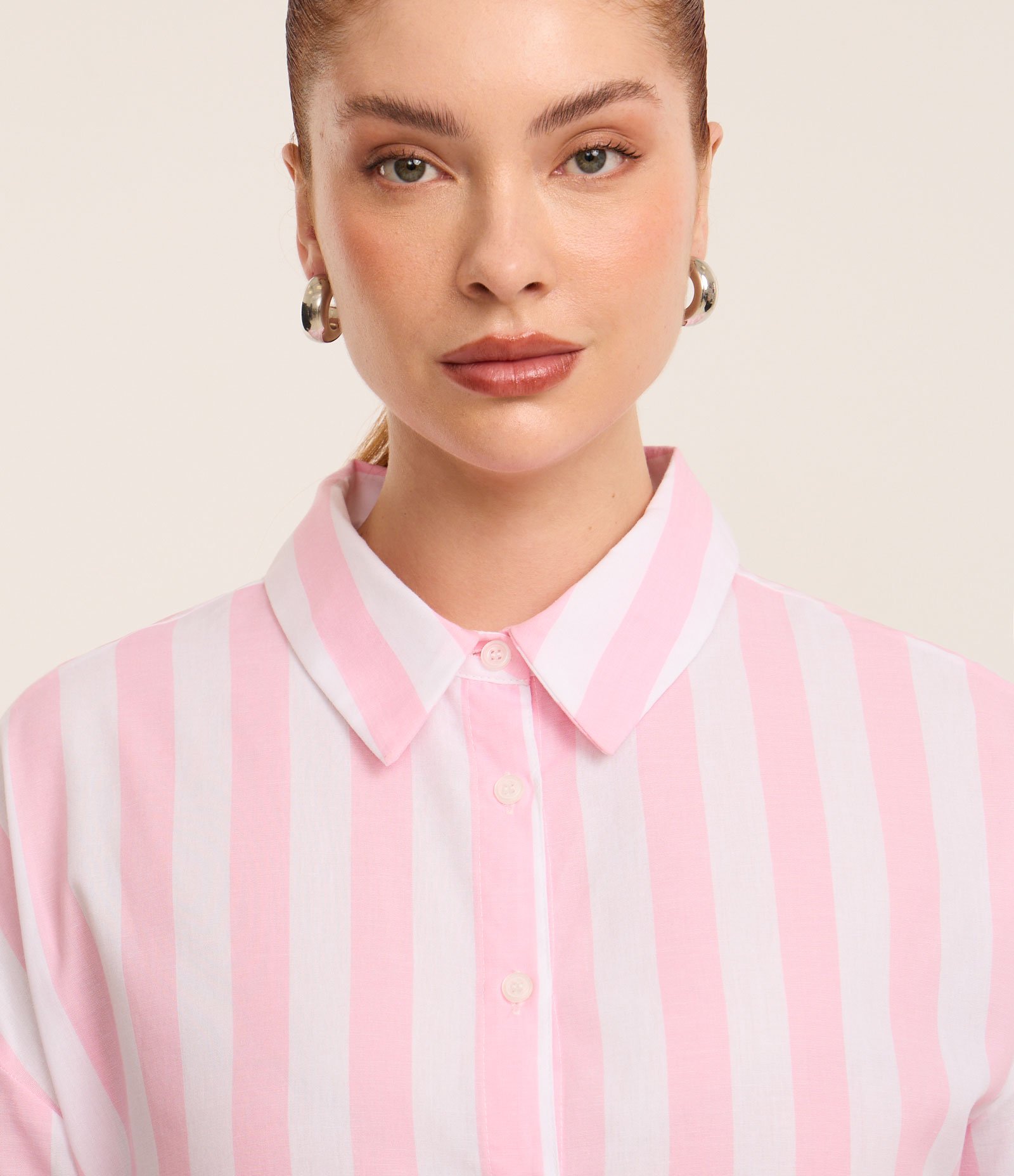 Camisa em Tricoline com Listras Curve & Plus Size Branco/Rosa 3