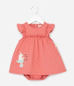 Vestido Body Infantil com Estampa Poá e Bordado de Unicórnio - Tam 0 a 18 meses