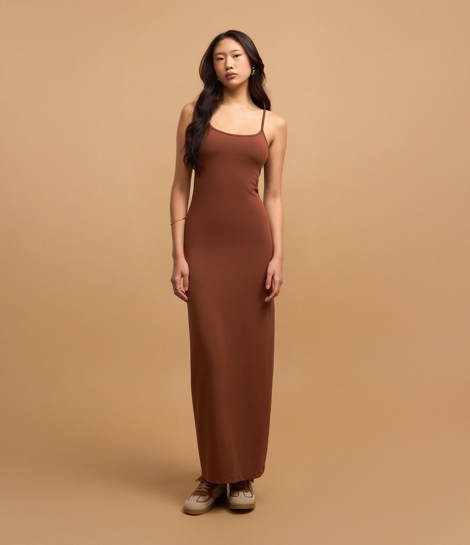 Vestido Longo Evasê com Alcinhas Marrom 5