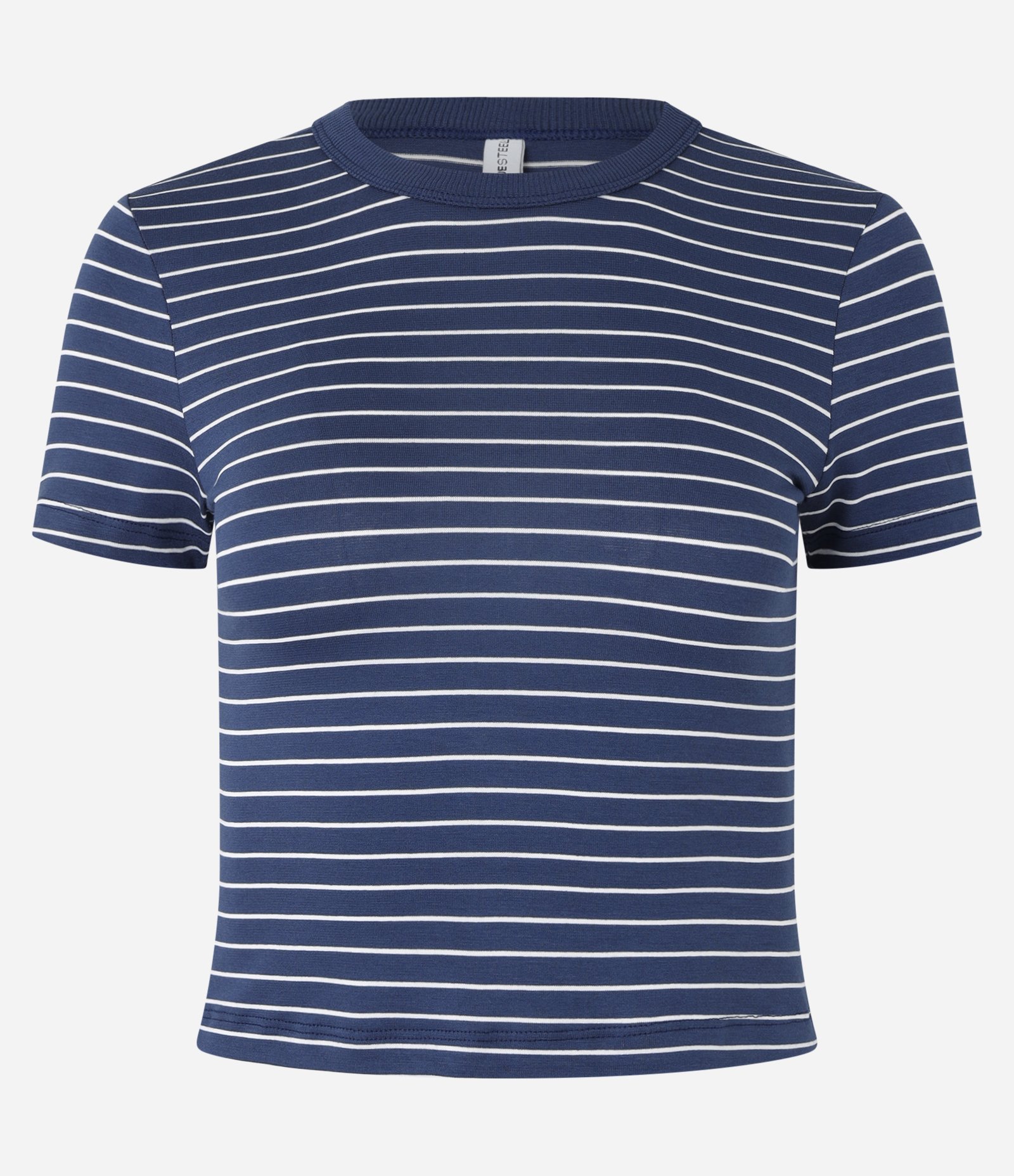 Blusa Cropped em Ribana Básica Listrada Azul Marinho 6