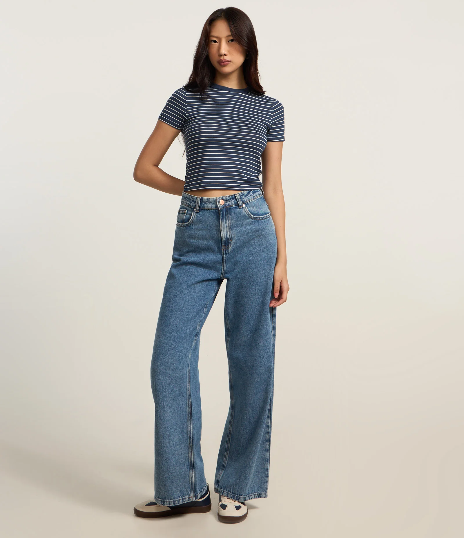 Blusa Cropped em Ribana Básica Listrada Azul Marinho 2