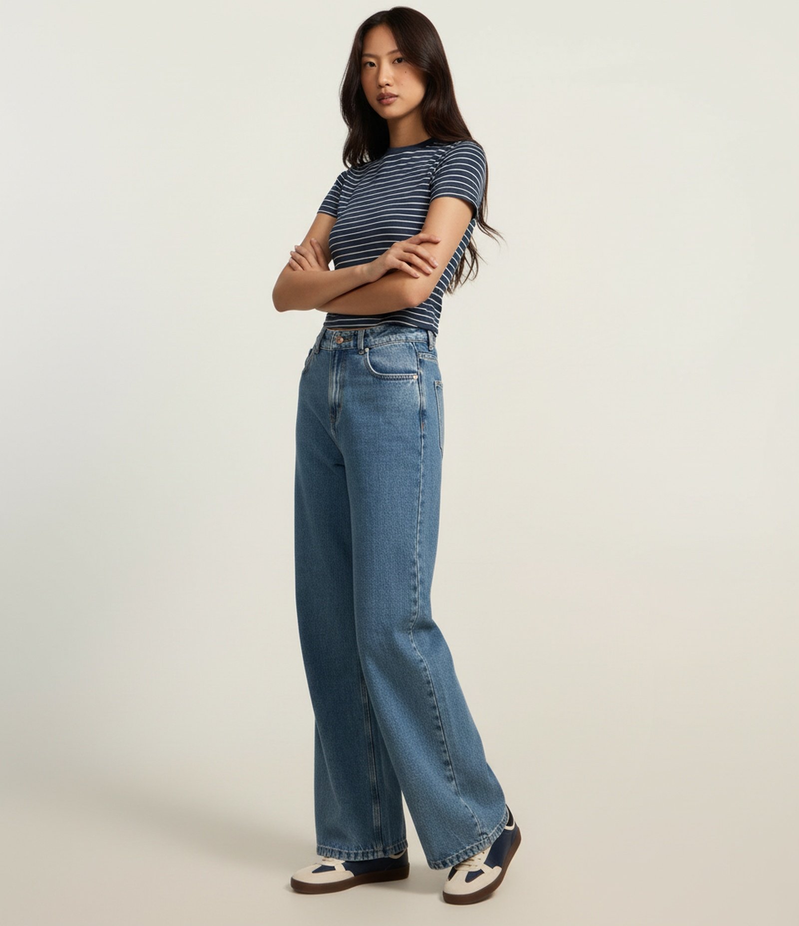 Blusa Cropped em Ribana Básica Listrada Azul Marinho 5