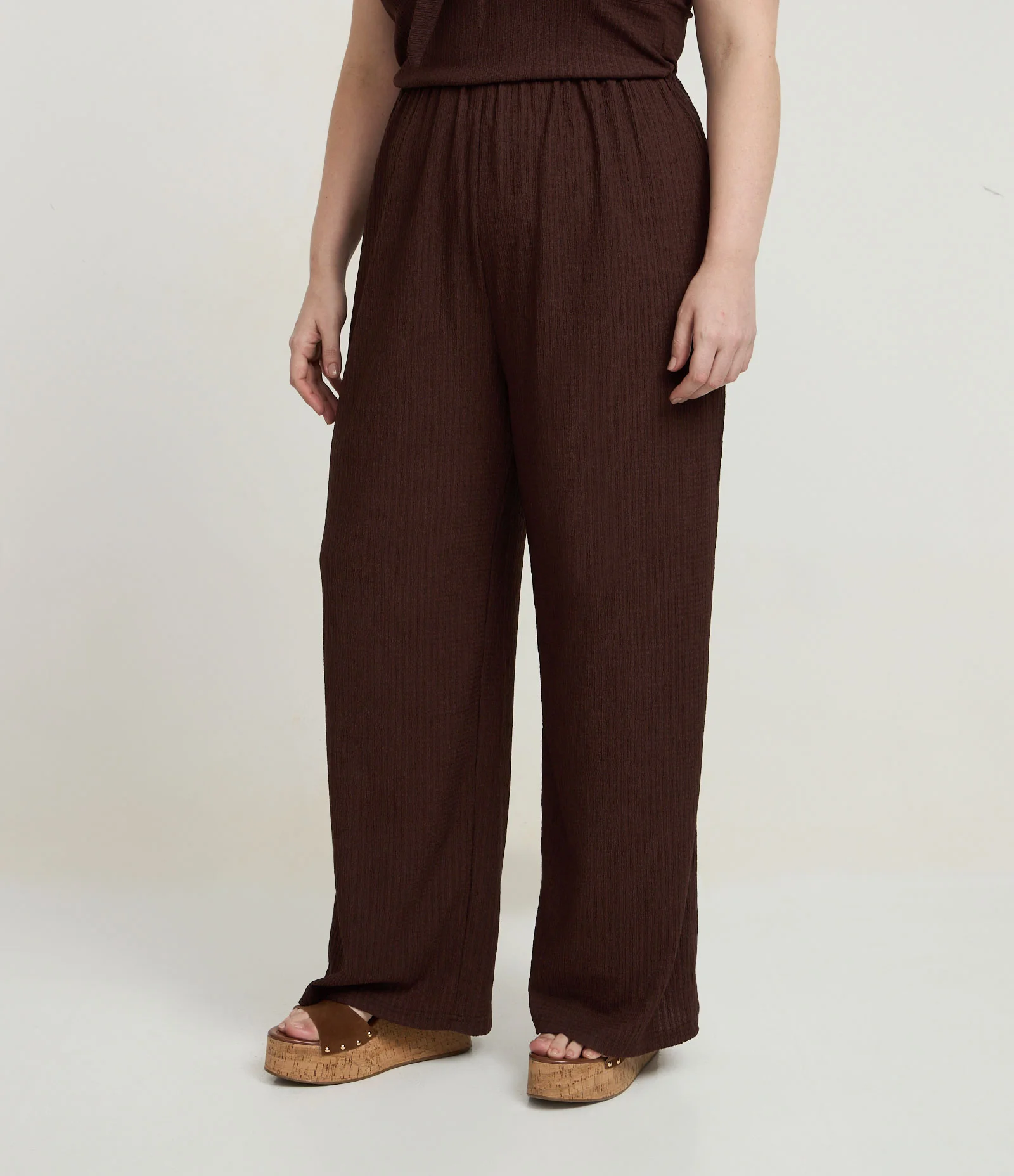 Calça Wide Texturizada em Anarruga Curve e Plus Size Marrom 2