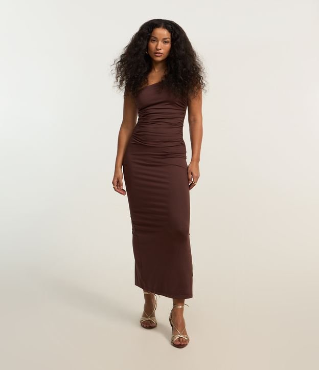 Vestido Midi Metalizado com Um Ombro Só e Alcinhas Duplas