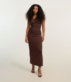 Vestido Midi Metalizado com Um Ombro Só e Alcinhas Duplas