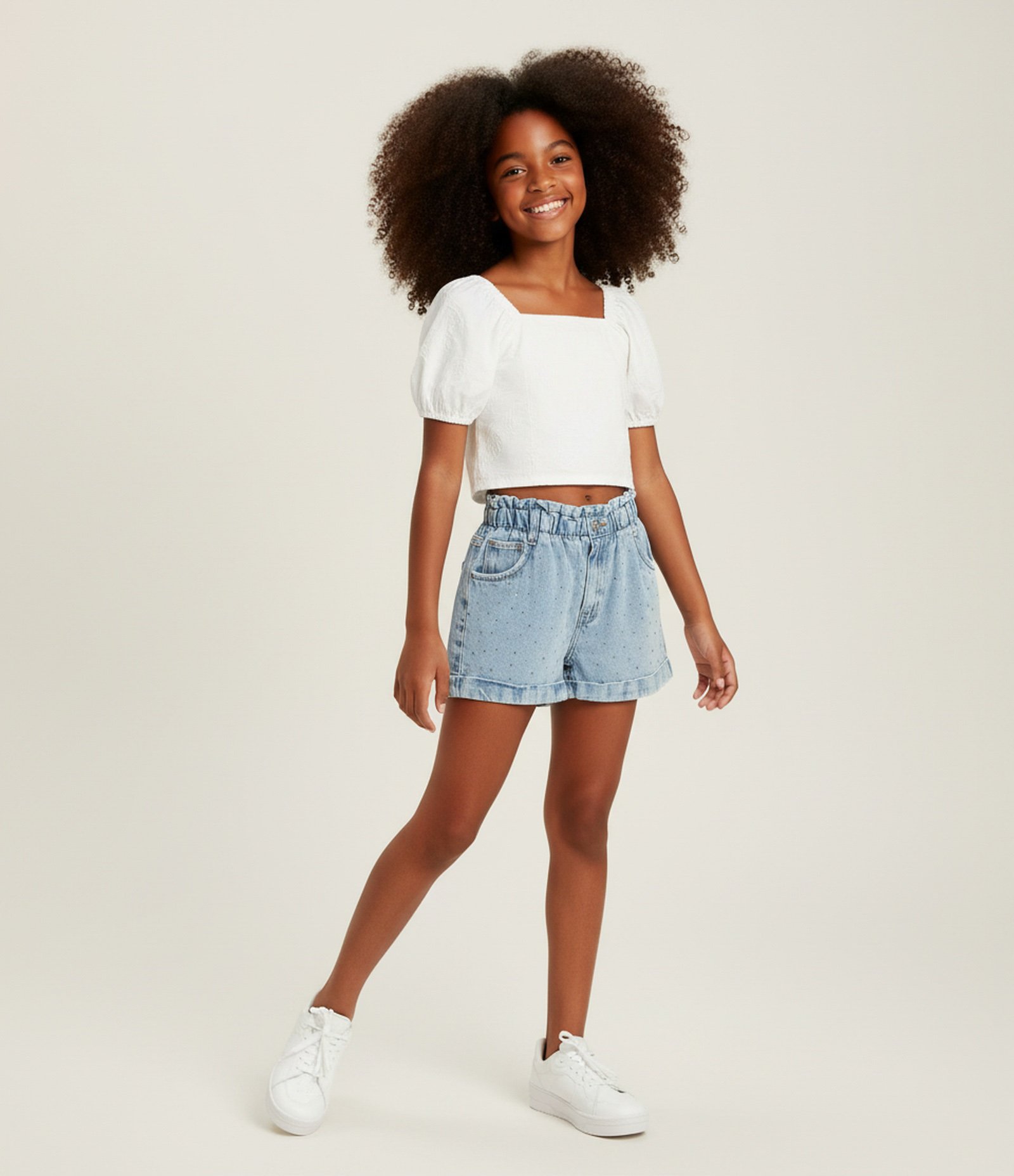 Blusa Infantil Cropped Em Tricoline Bordada – Tam 5 A 14 Anos Off White 1