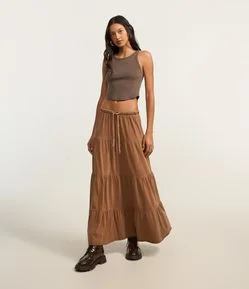 Saia Evasê New Midi em Algodão Estonado com Babados