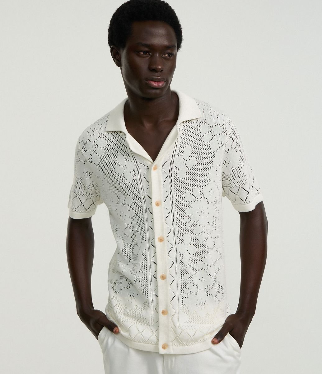 Camisa Regular em Algodão com Textura e Efeito Crochê Off White