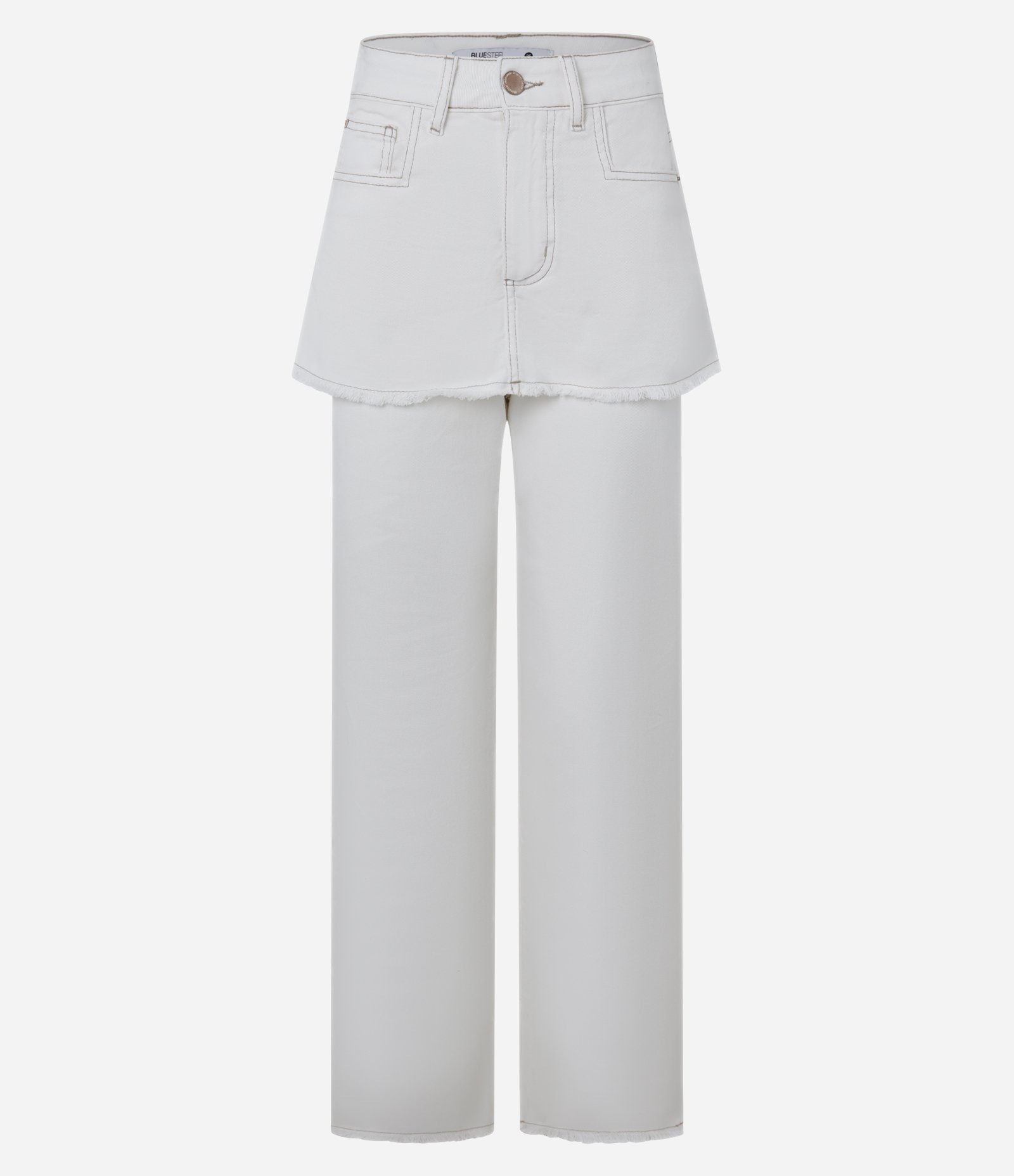 Calça Reta em Sarja com Saia Sobreposta e Barra Desfeita Branco 5