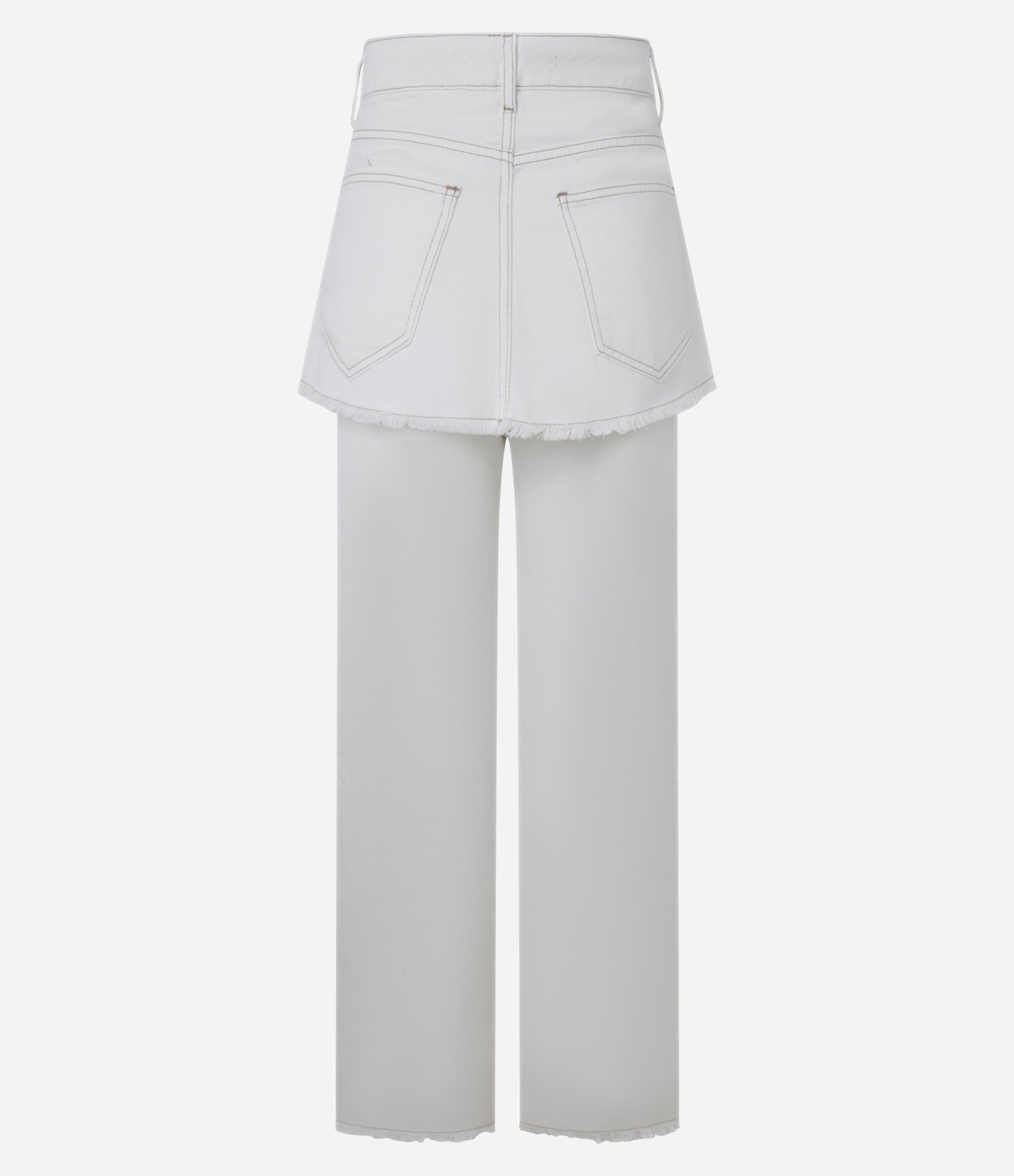 Calça Reta em Sarja com Saia Sobreposta e Barra Desfeita Branco 6