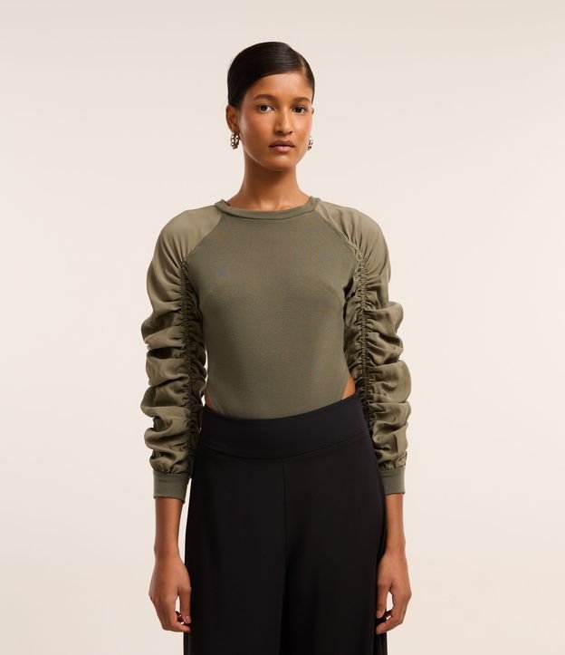 Body em Moletom com Efeito Franzido na Manga