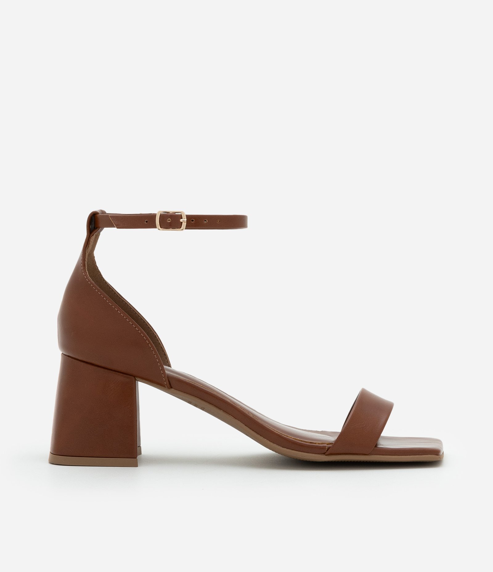 Sandália Básica com Bico Quadrado e Salto Bloco Caramelo 1