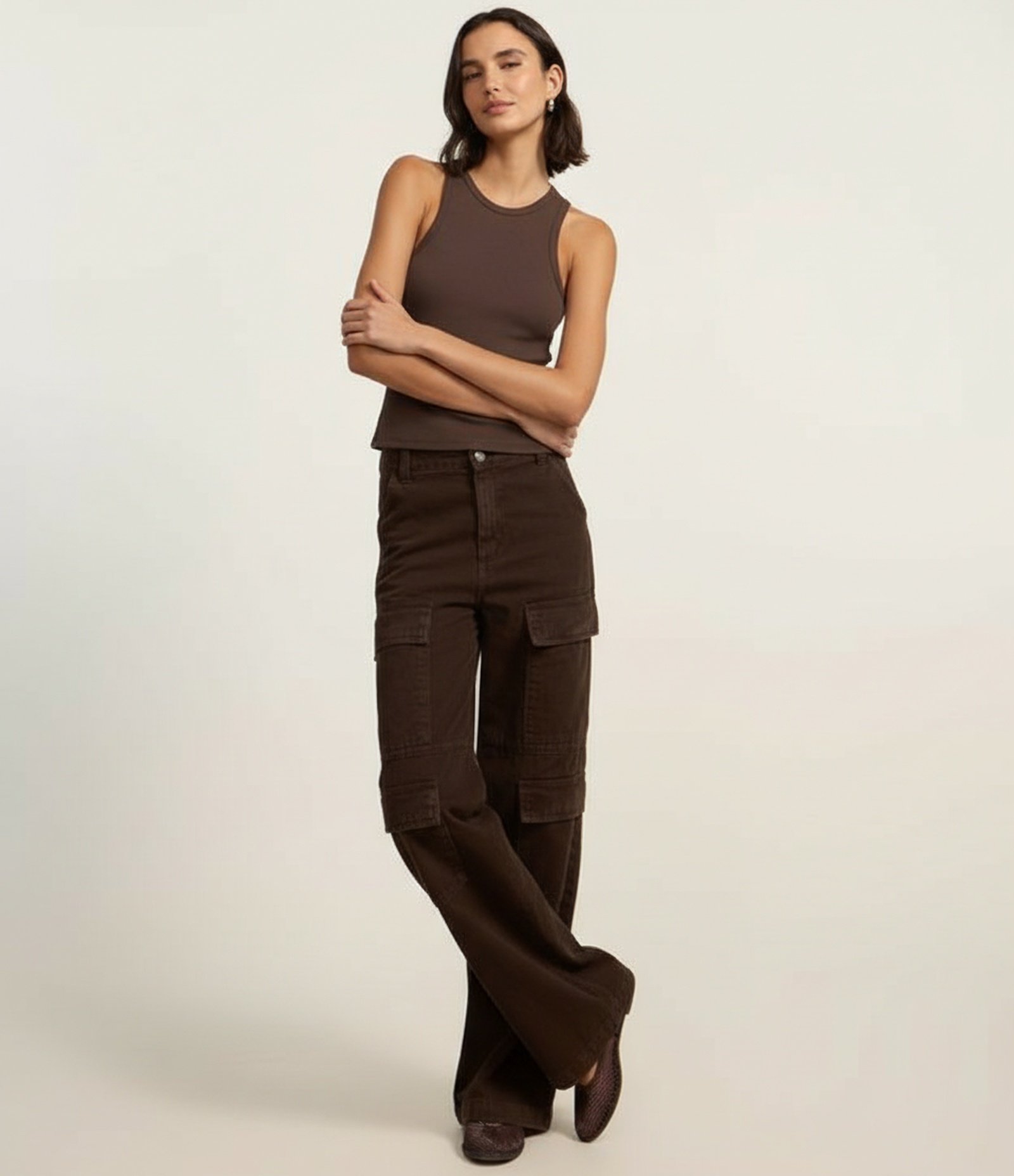 Blusa Regata Básica em Ribana com Leve Textura Marrom Escuro 4