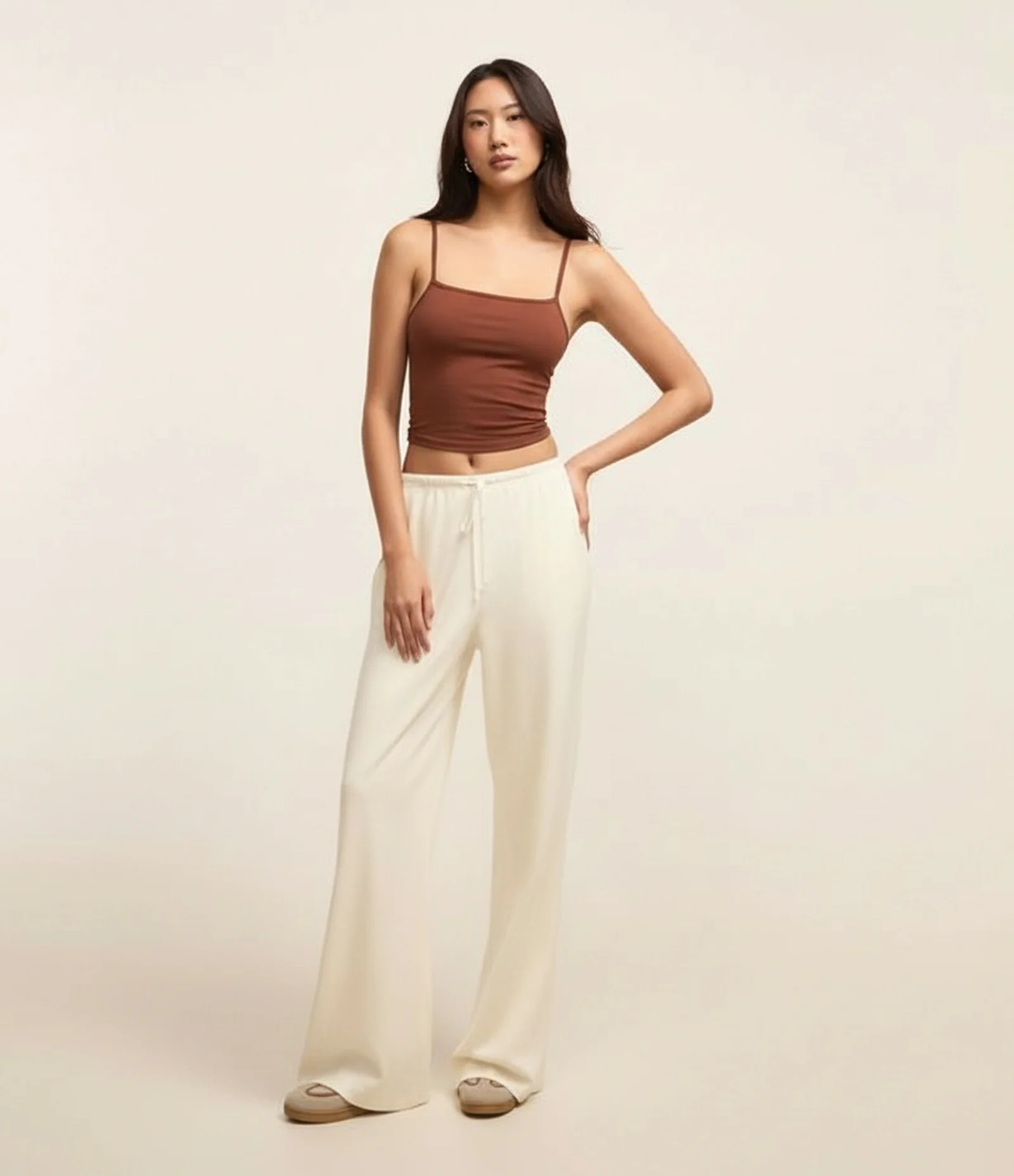 Calça em Ribana com Amarração no Cós Bege 1