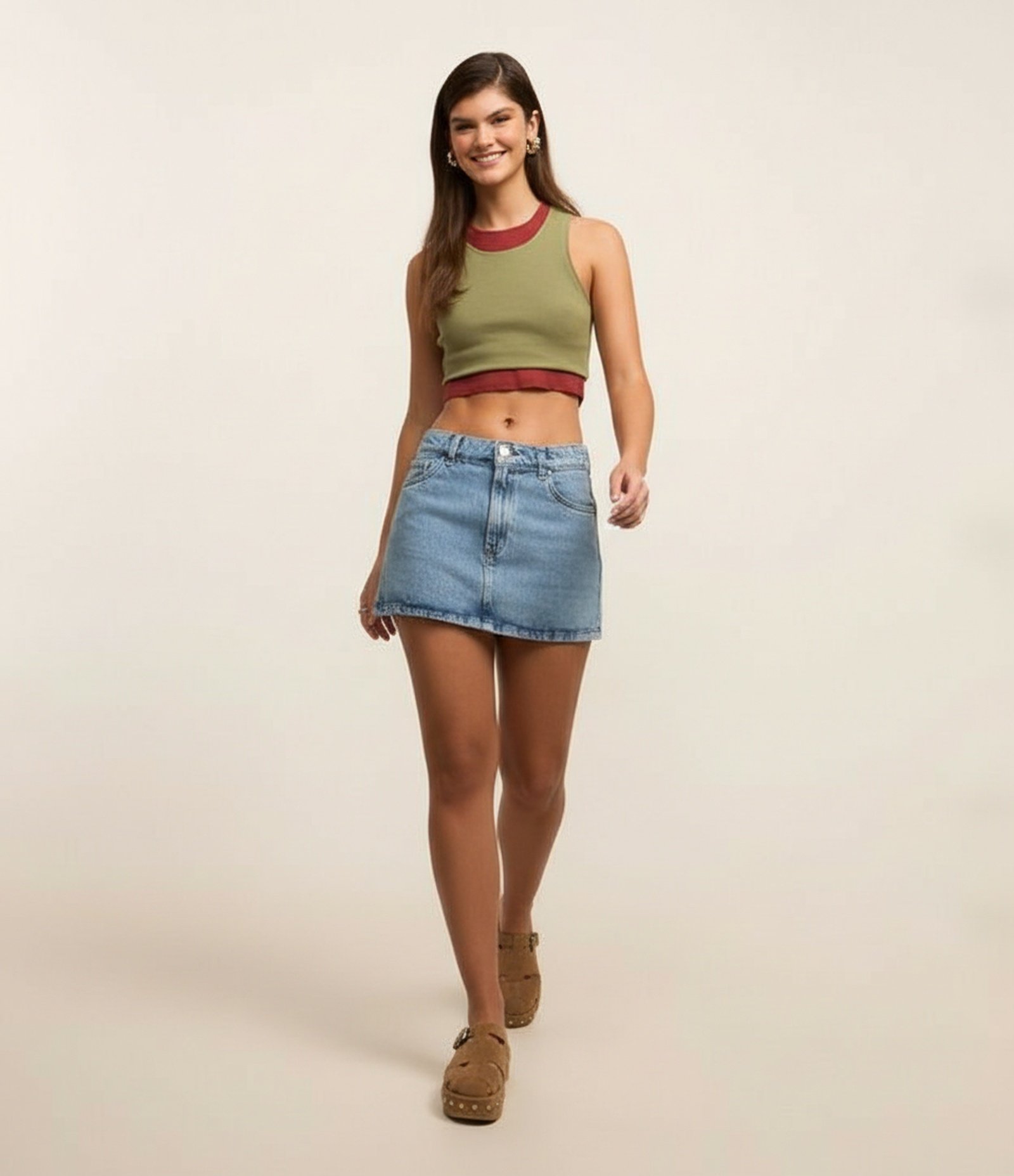 Blusa Cropped sem Manga em Algodão com Textura Canelada Verde 1