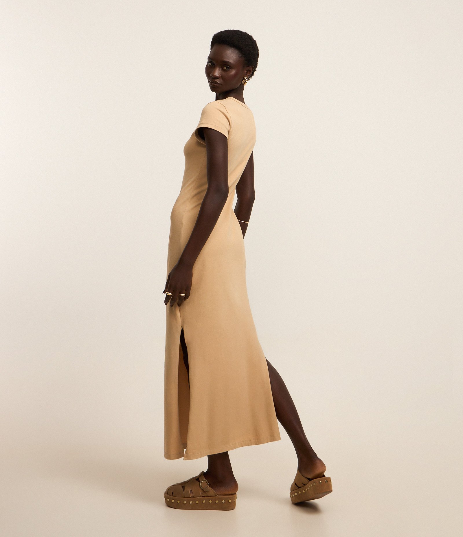 Vestido Longo em Algodão com Manga Curta Bege 3