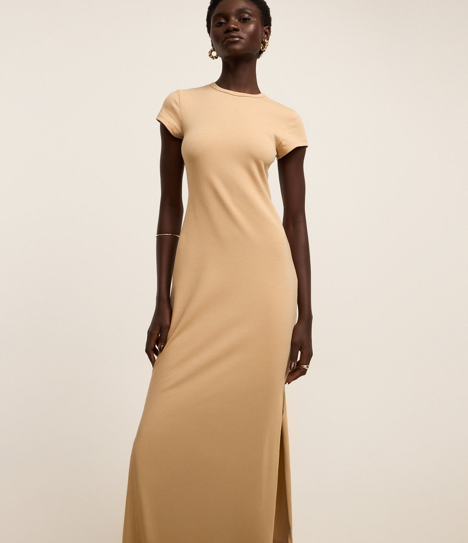 Vestido Longo em Algodão com Manga Curta Bege 4