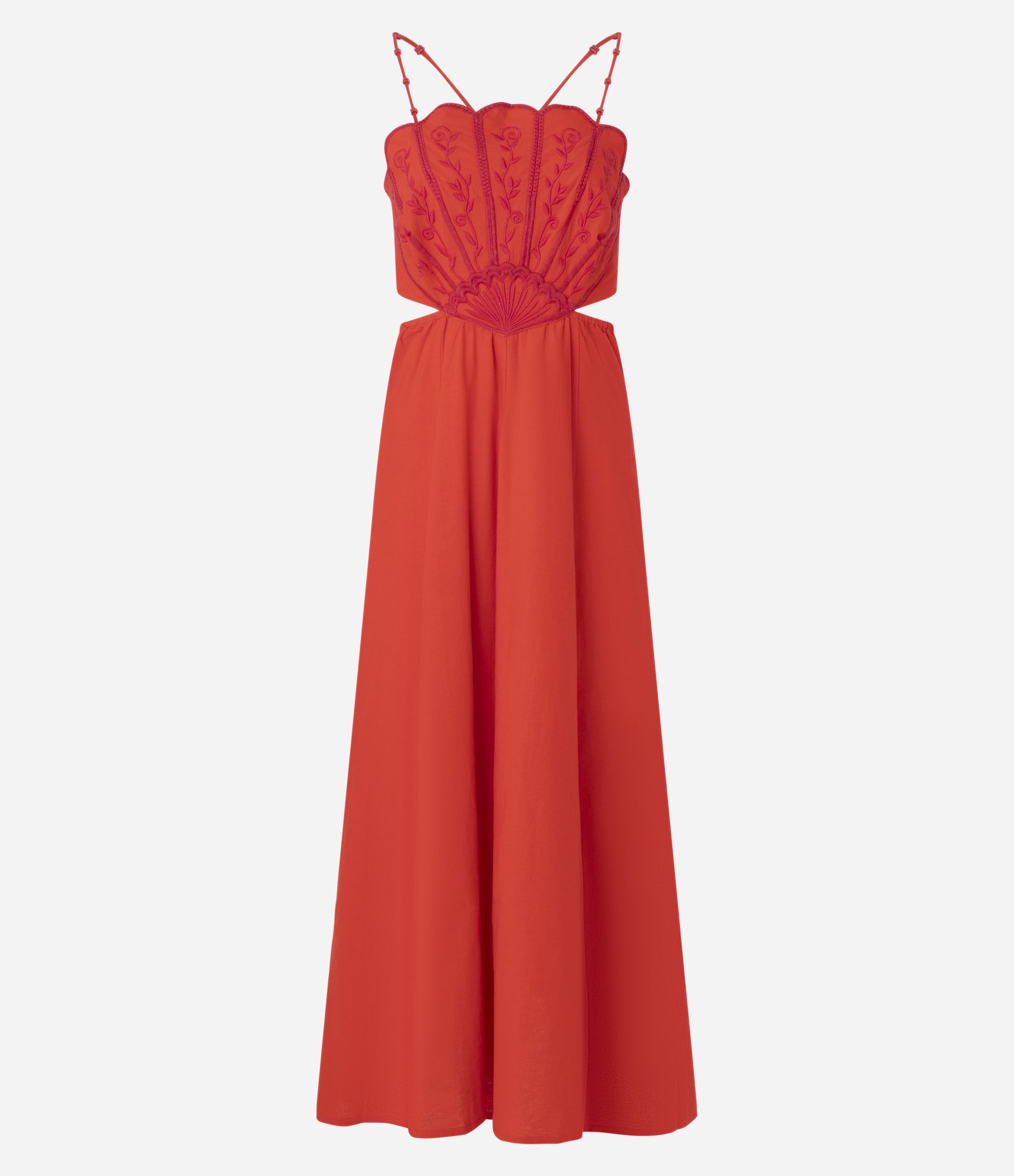 Vestido Long Midi Frente Única com Bordado Vermelho 6