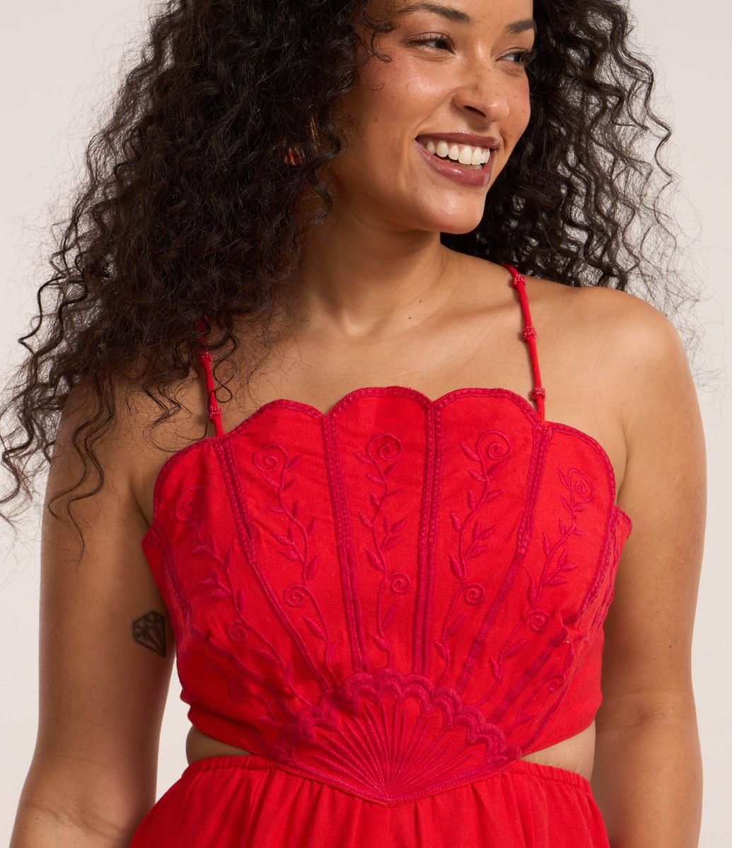 Vestido Long Midi Frente Única com Bordado Vermelho