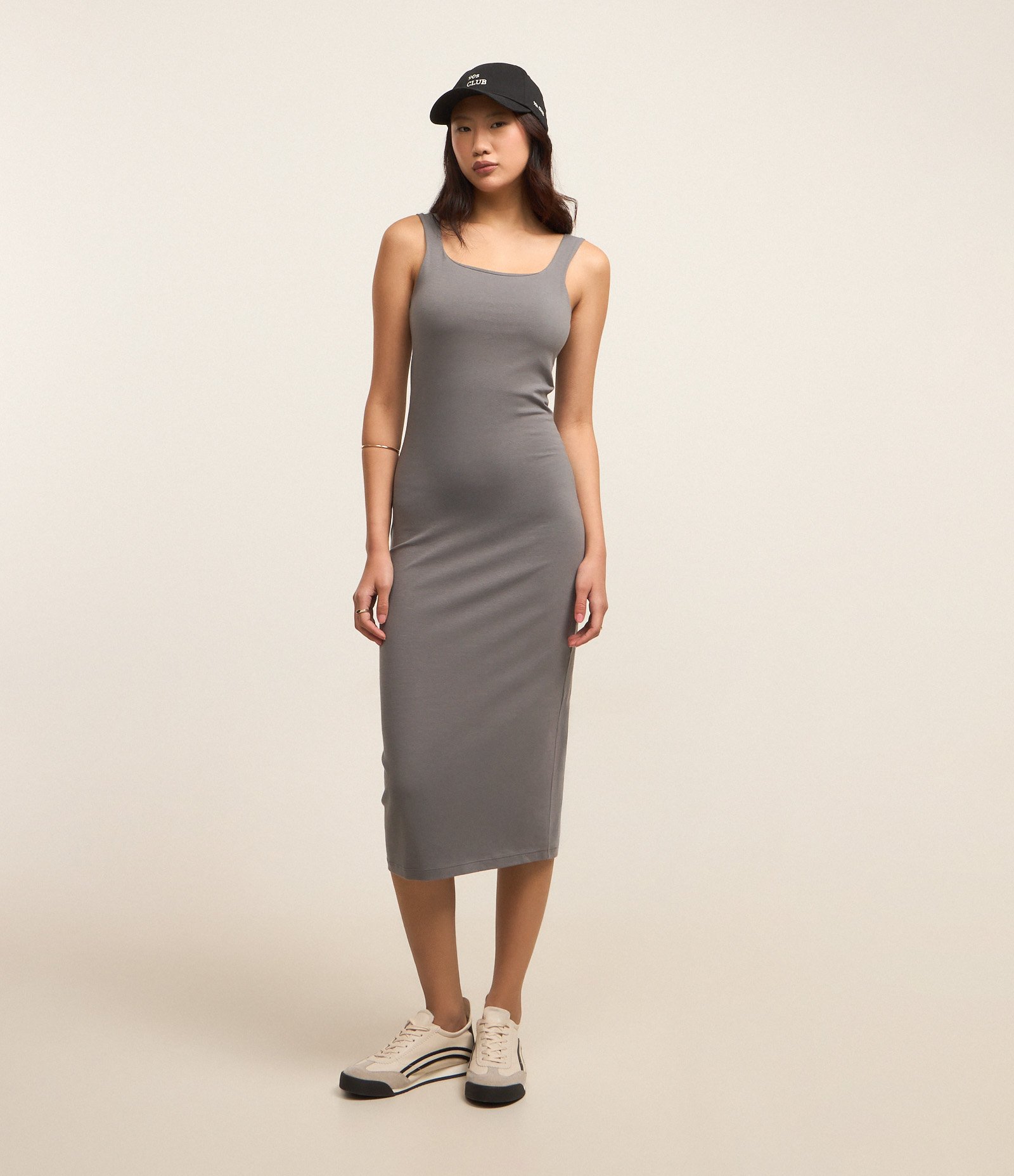 Vestido Midi em Algodão com Decote Quadrado Cinza 1