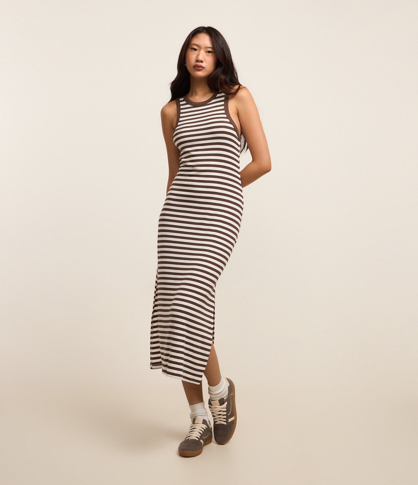 Vestido Regata Midi Listrado em Ribana Marrom 1