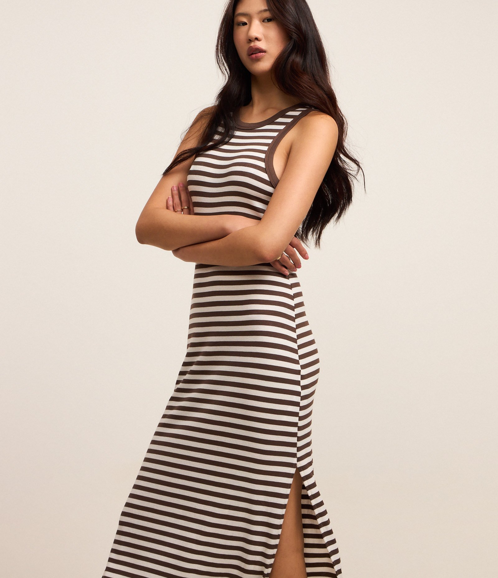 Vestido Regata Midi Listrado em Ribana Marrom 3