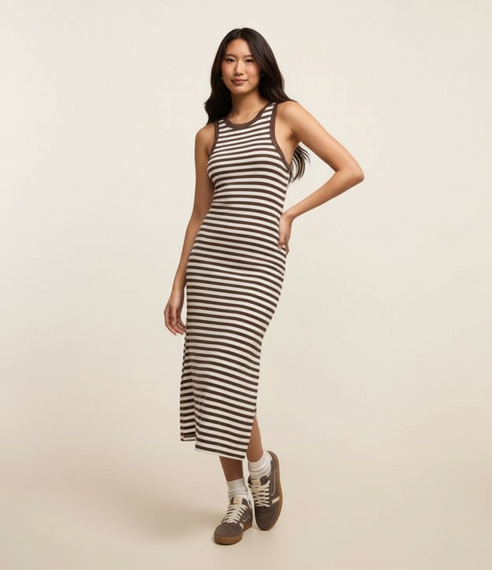 Vestido Regata Midi Listrado em Ribana Marrom 4
