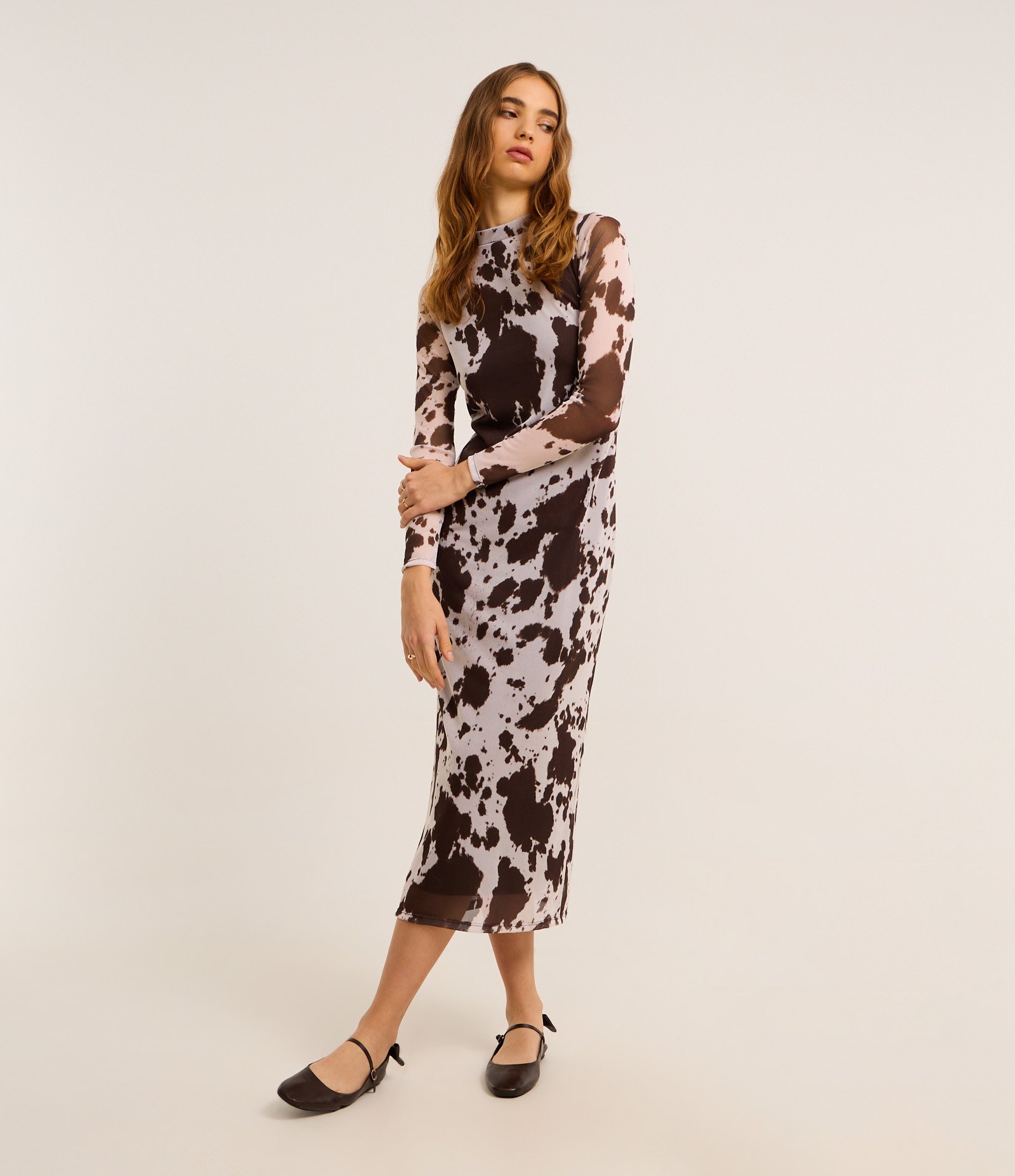 Vestido Reto Midi em Tule com Estampa Animal Print Bicolor Marrom/Branco 1